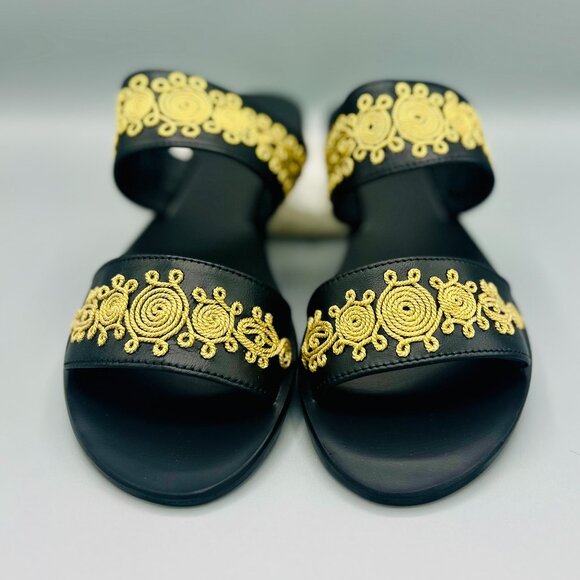 Black Leather Sandals with Gold Embroidery - Picture 1 of 4
